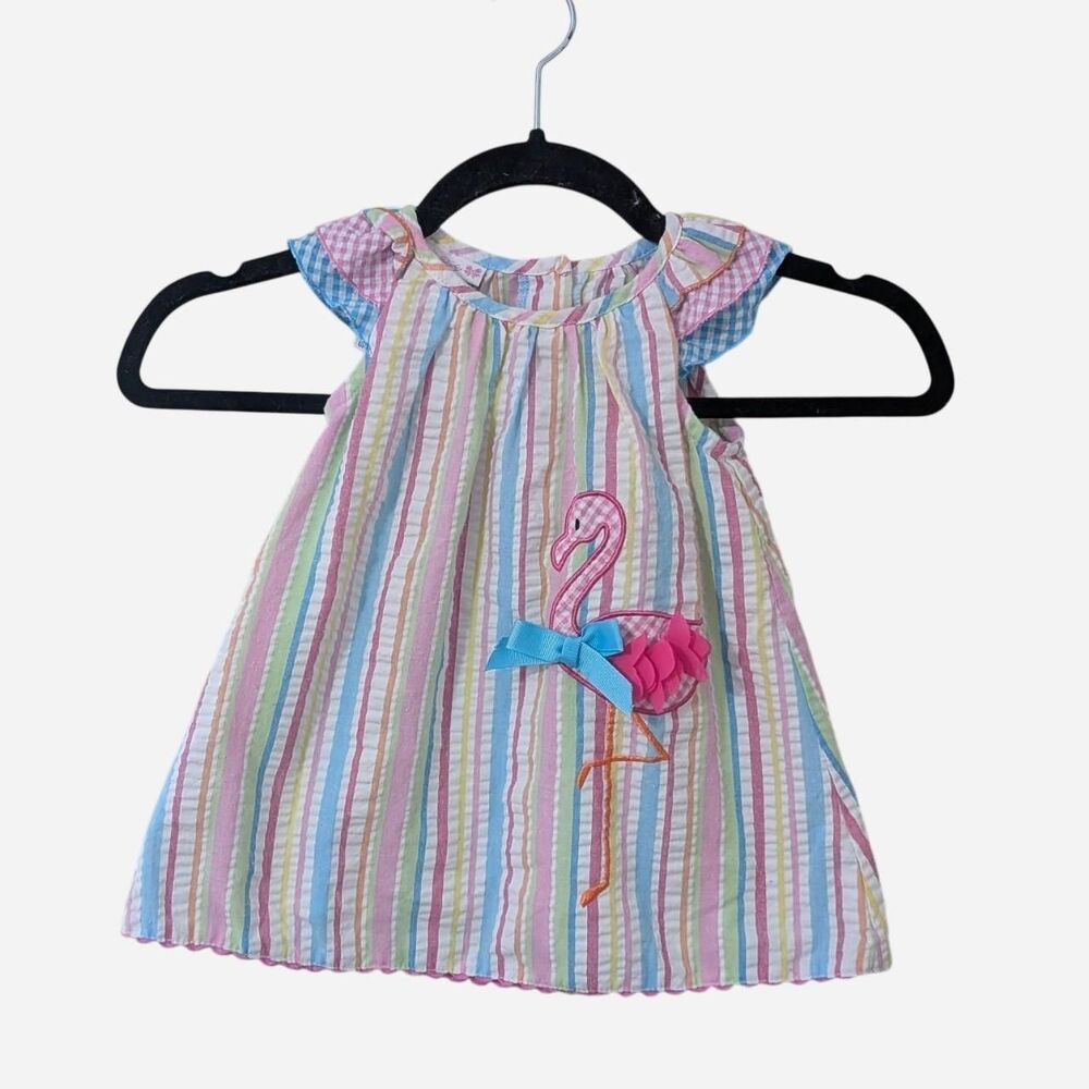 Girls Pastel Stripe Seersucker Flamingo Dress Plaid Flutter Sleeve Cottagecore